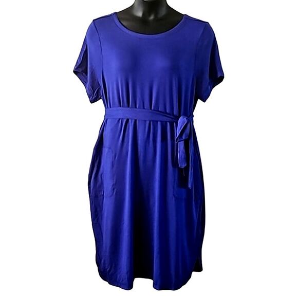 NWOT Isaac Mizrahi Live! Women’s Blue Short Sleeve Belted French Terry Dress 1X - Picture 2 of 8